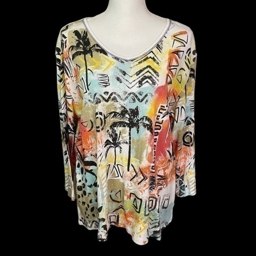 Jess & Jane Tropical Palms Top V-Neck Shirt Rhinestone Art To Wear Size XL